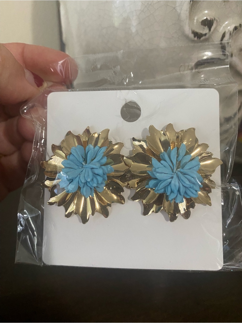 Gold Floral Statement Earrings with Blue Center